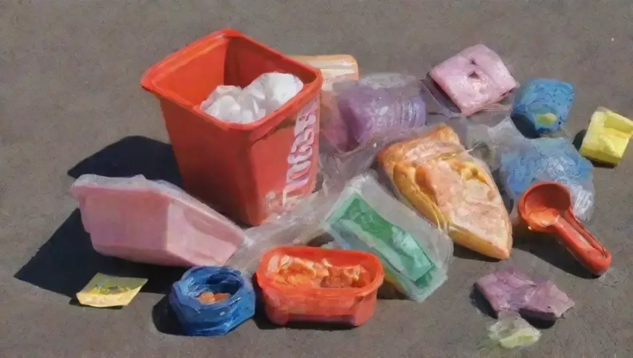 Un caos de desechos plásticos y comida en un picnic, simbolizando el impacto ambiental
