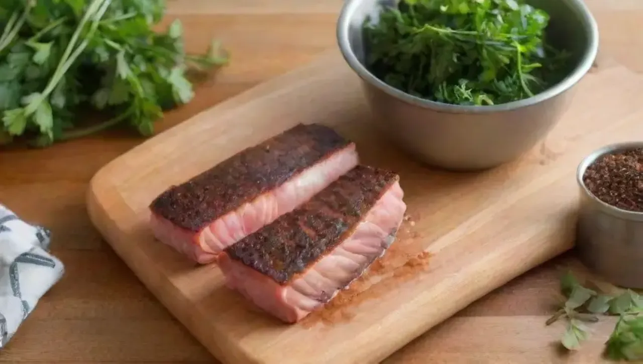 Un cuchillo de deshuesar brilla en una tabla de madera junto a hierbas frescas y un trozo de carne cruda, en una cocina acogedora