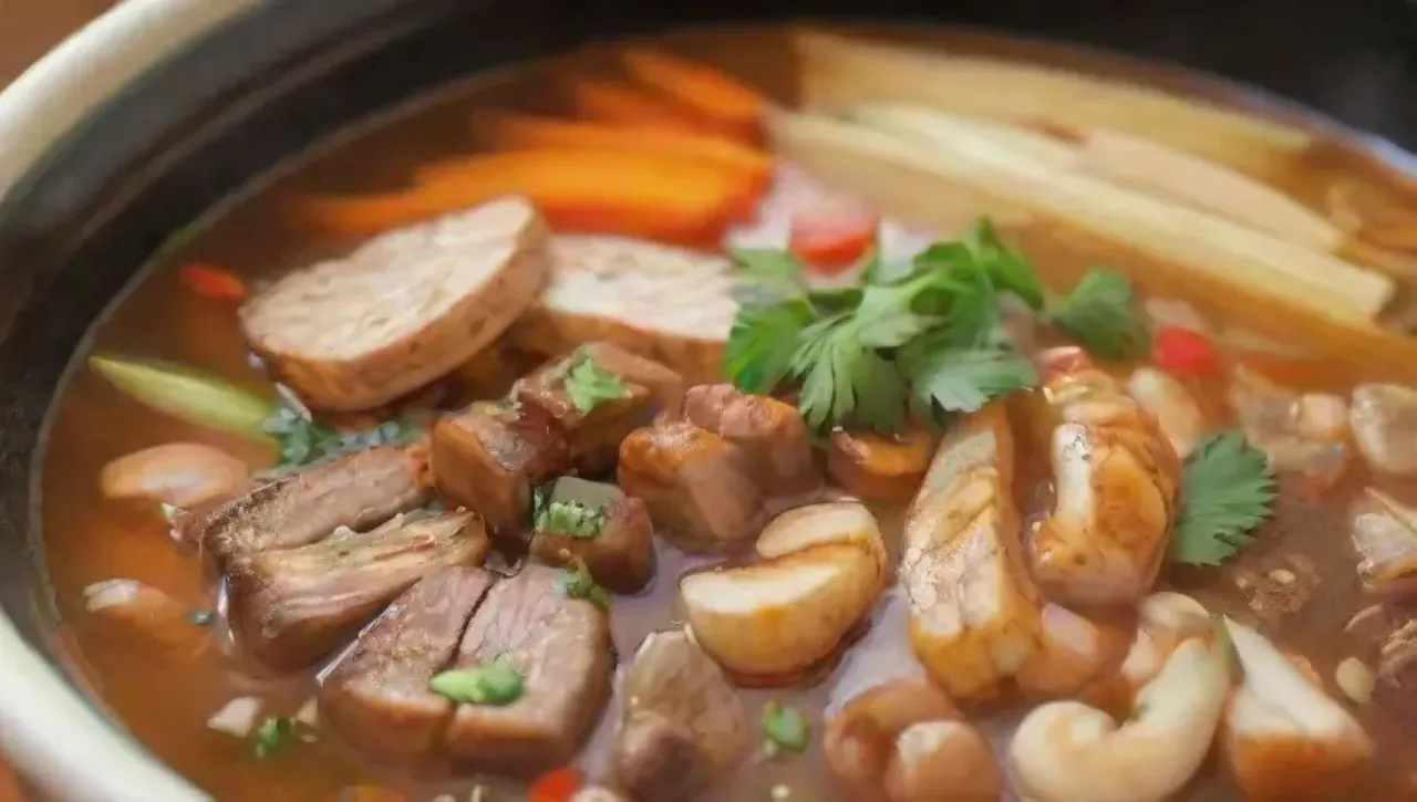 Un delicioso plato de sopa humeante con fideos, hierbas frescas y mariscos en un acogedor restaurante