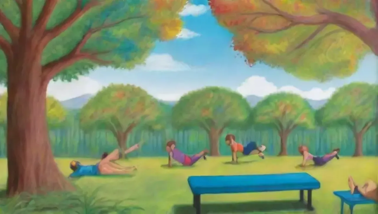 Un mural vibrante muestra a amigos haciendo ejercicio en un parque soleado, reflejando energía y comunidad