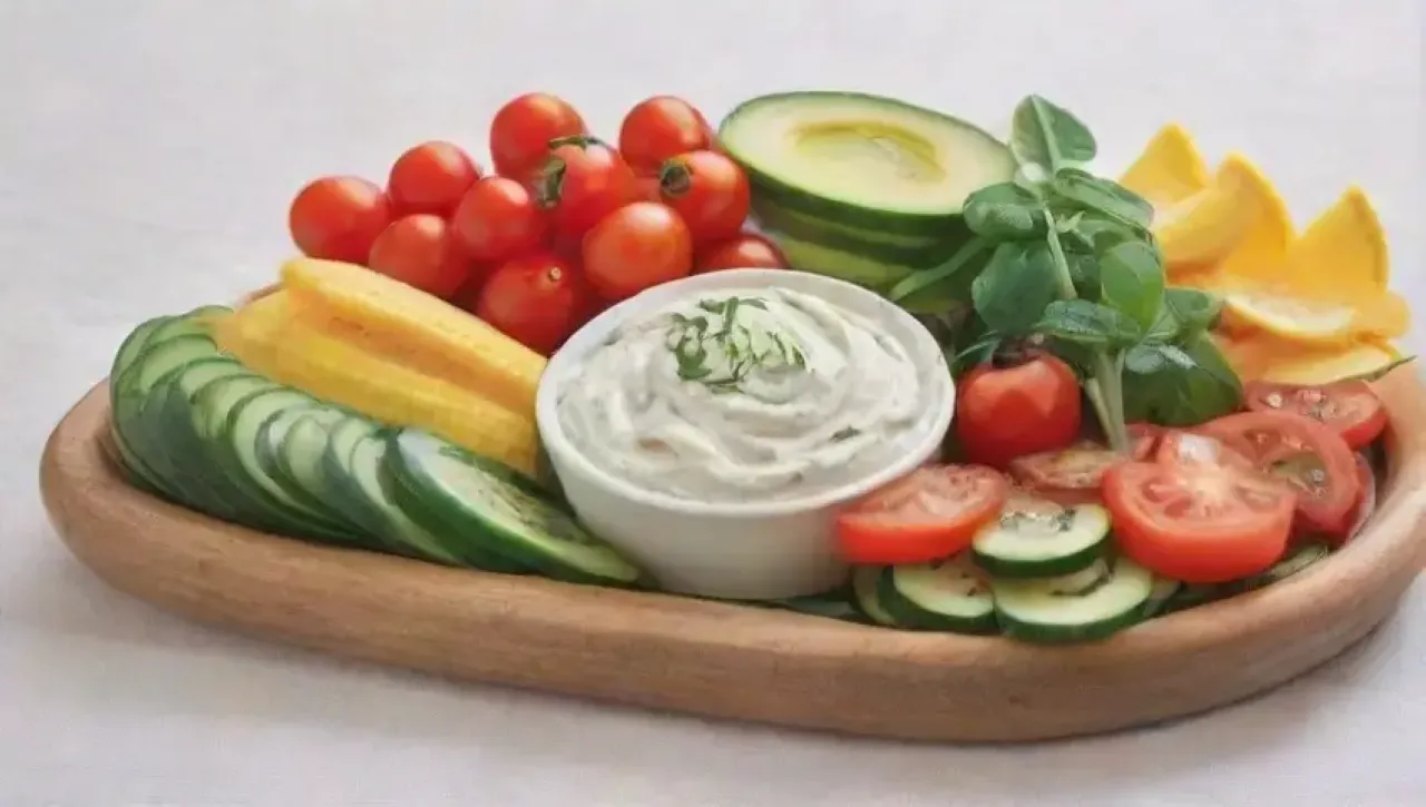 Una colorida y elegante bandeja de verduras frescas, hummus, pita y salsas, lista para disfrutar