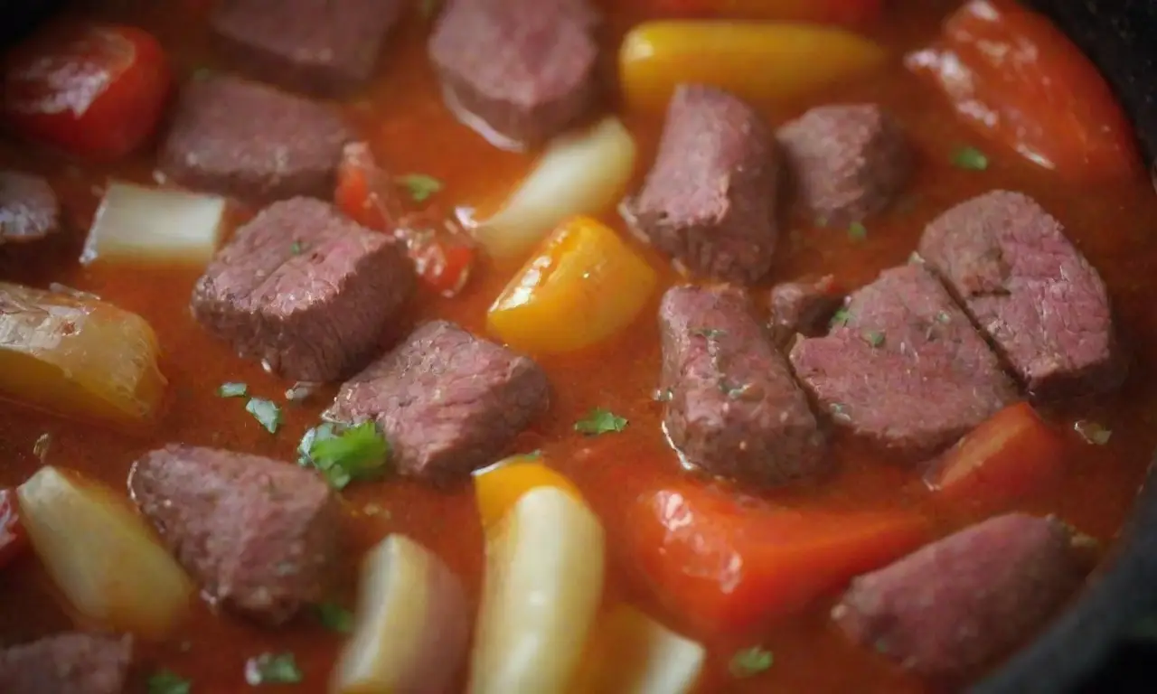 Ingredientes clave: carne tierna, pimientos, cebolla, ajo, tomate, caldo y especias