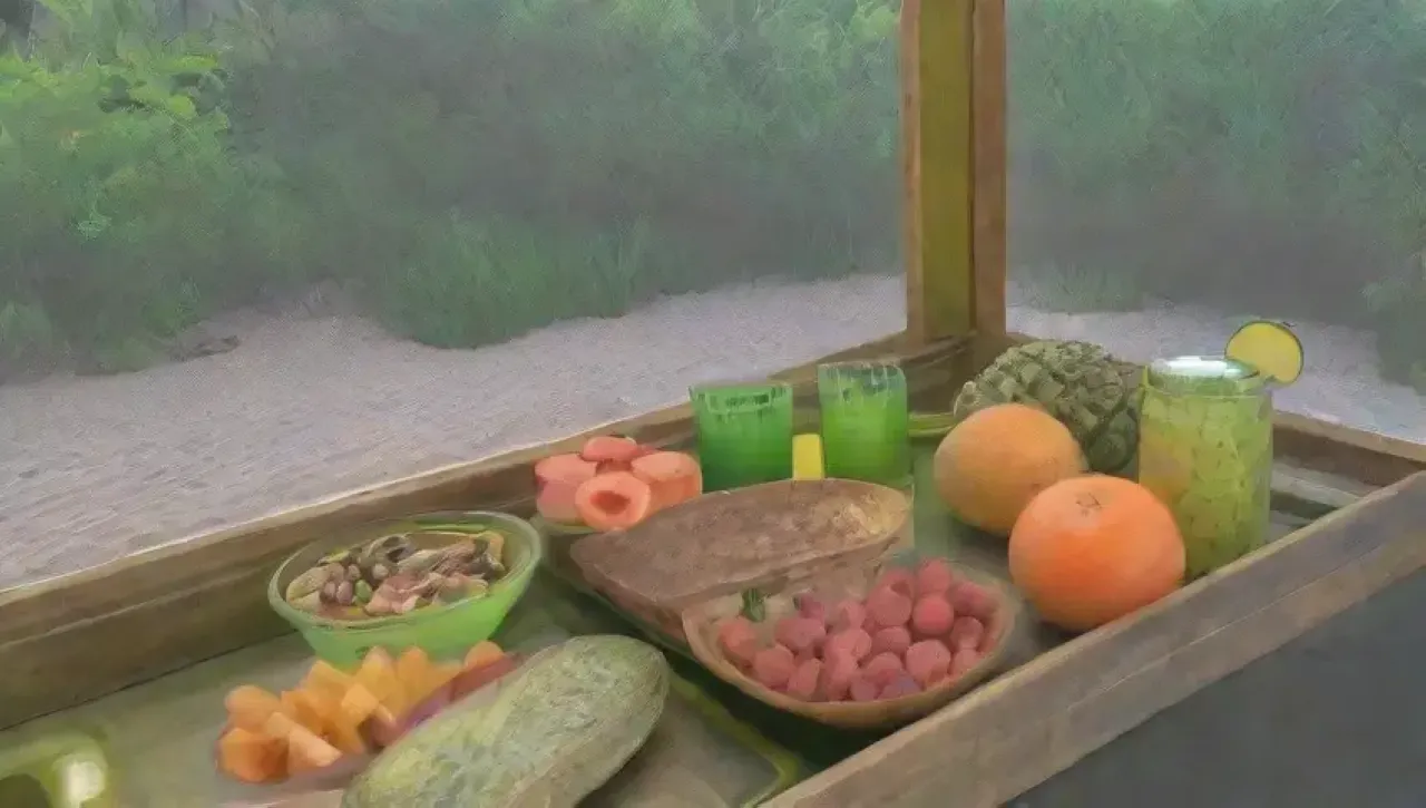 Un colorido y soleado escenario de cocina con jugos verdes, frutas tropicales y elementos de viaje