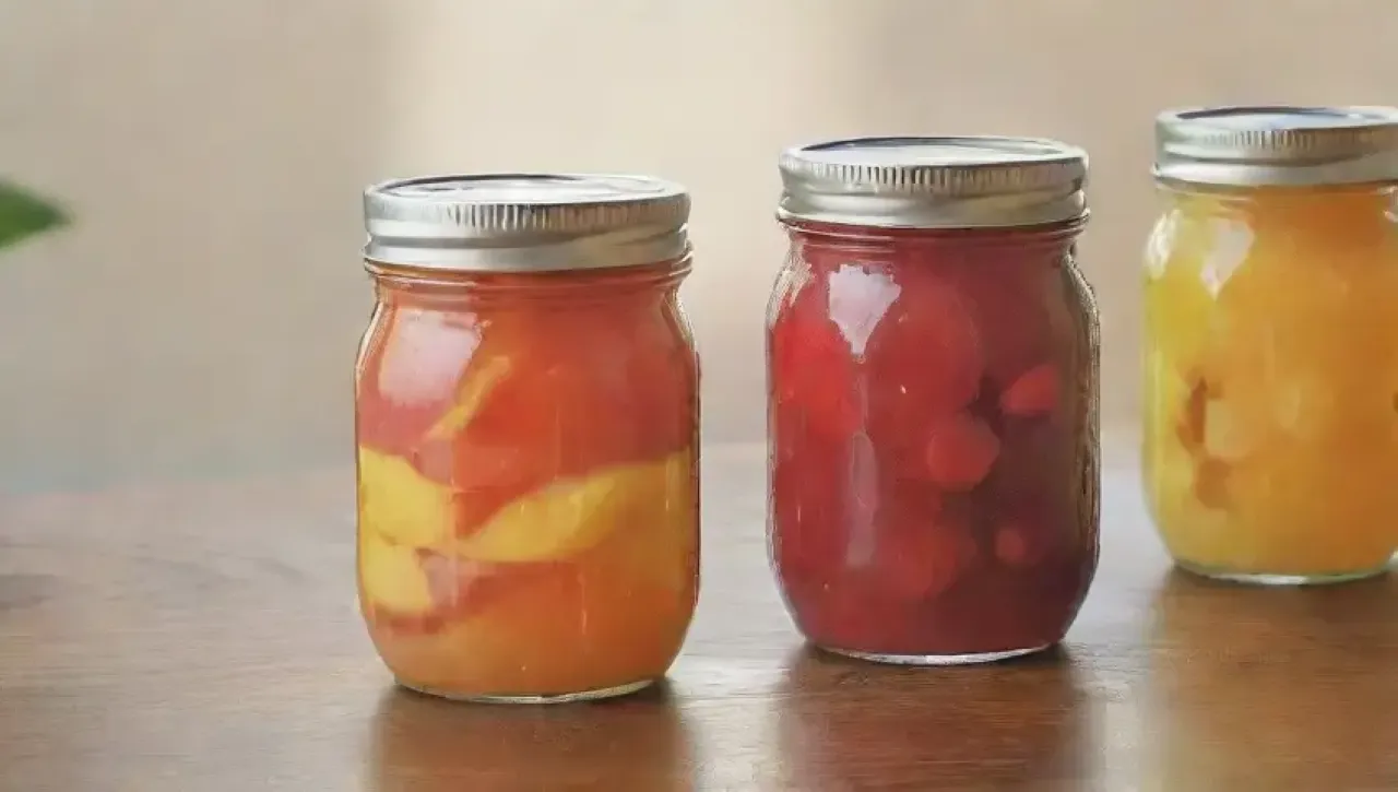 Frascos vibrantes con frutas frescas y aromas caseros en una cálida cocina