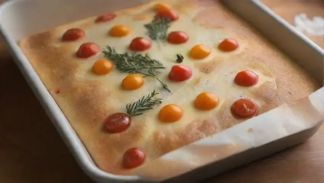 Focaccia dorada y crujiente se comparte en una cálida cocina familiar llena de risas y aromas