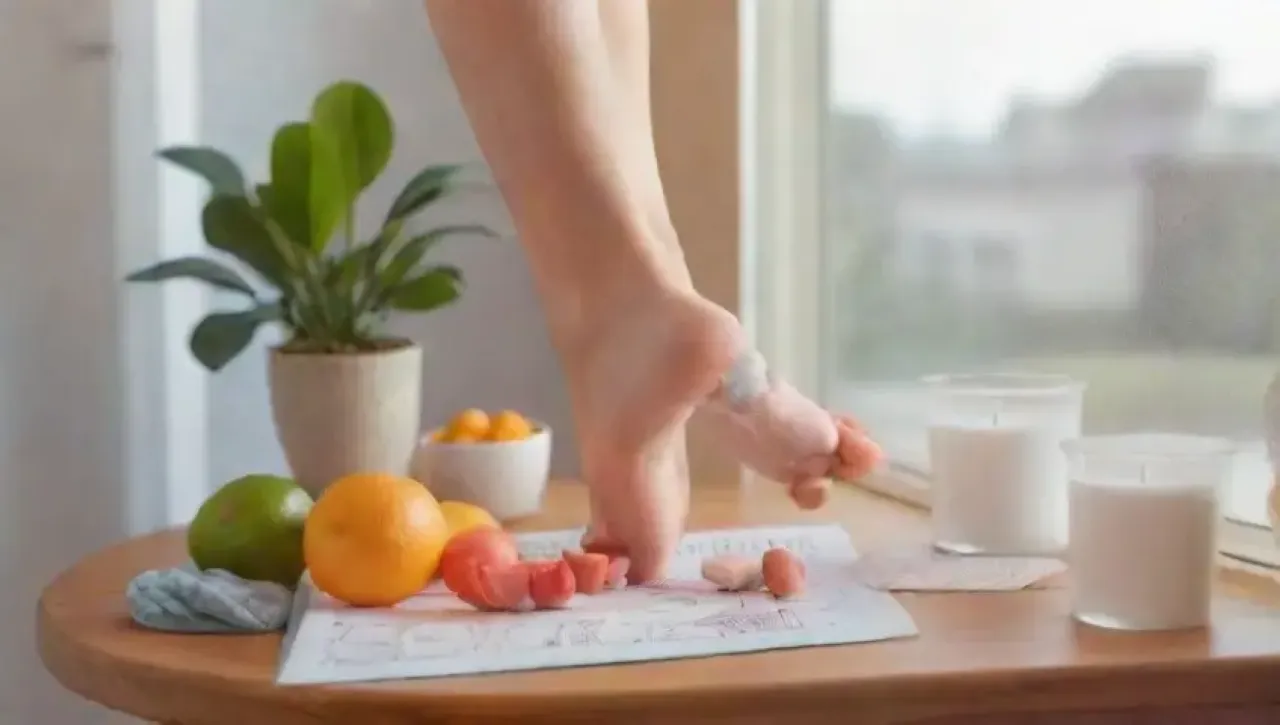 Un paisaje sereno con un vaso de colágeno, frutas, verduras y un ambiente de bienestar