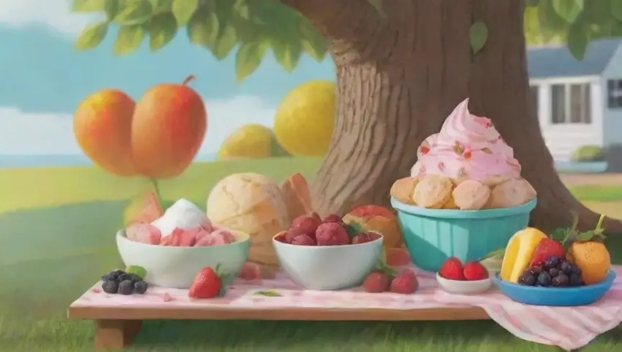 Un picnic alegre con helados, frutas frescas y un ambiente saludable