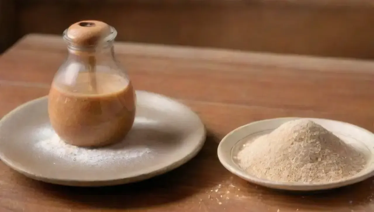 Una acogedora cocina con una mesa de madera, ingredientes para pan y el aroma del pan horneándose