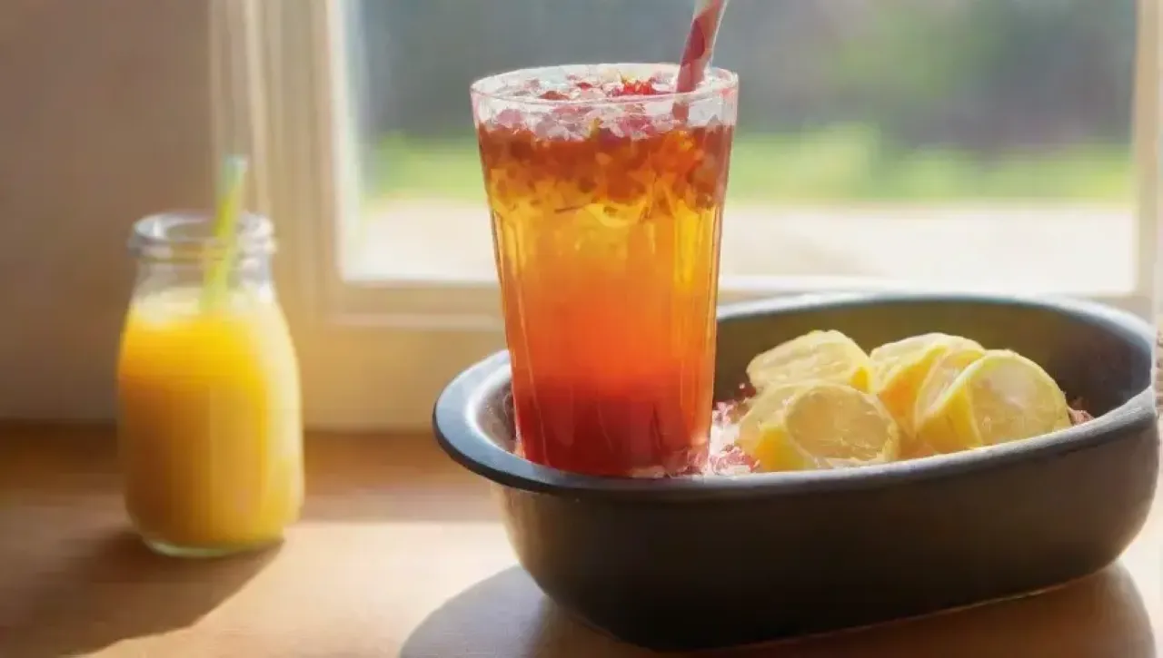 Una refrescante bebida de cítricos y jengibre en una alegre cocina