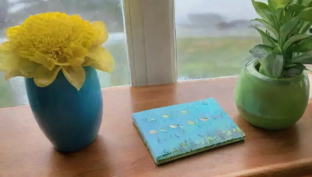 Un ambiente acogedor y luminoso con agua, plantas, notas coloridas y elementos inspiradores