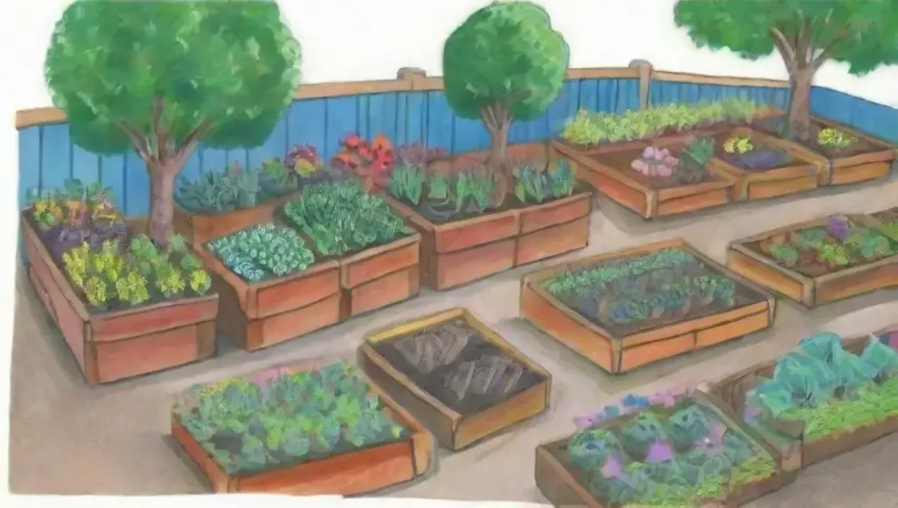 Un jardín comunitario vibrante y sostenible lleno de vida y colaboración