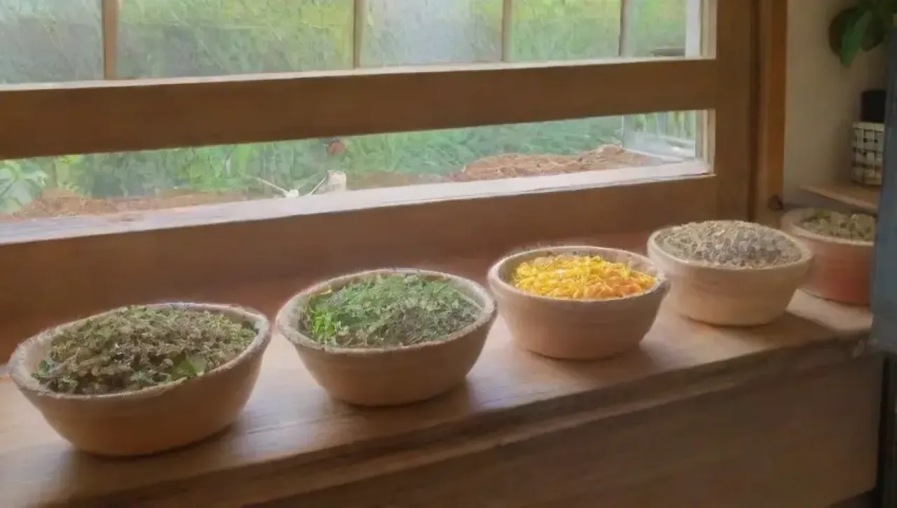 Una cocina acogedora y colorida llena de hierbas frescas, verduras, especias, utensilios ecológicos y luz natural