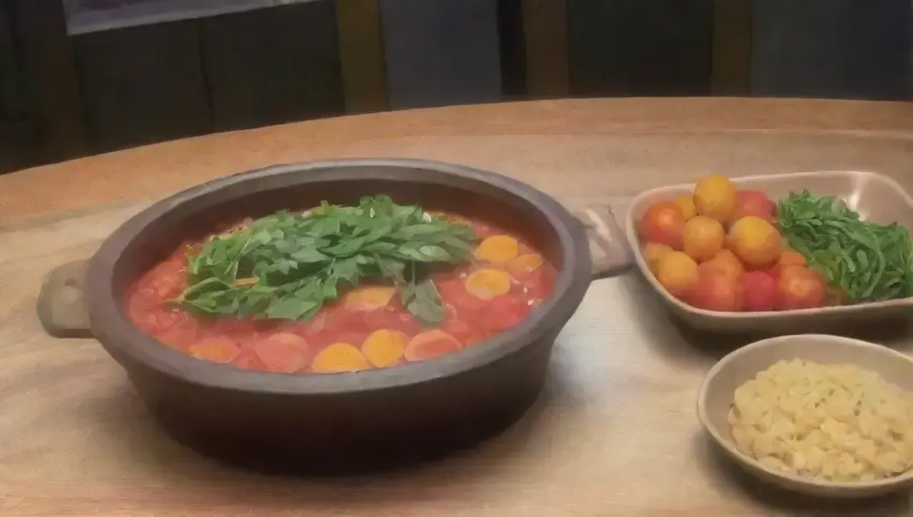 Una acogedora cocina iluminada, con una mesa de madera, platos coloridos, pasta humeante, albahaca fresca, pan rústico, vino tinto y un ambiente cálido y relajante