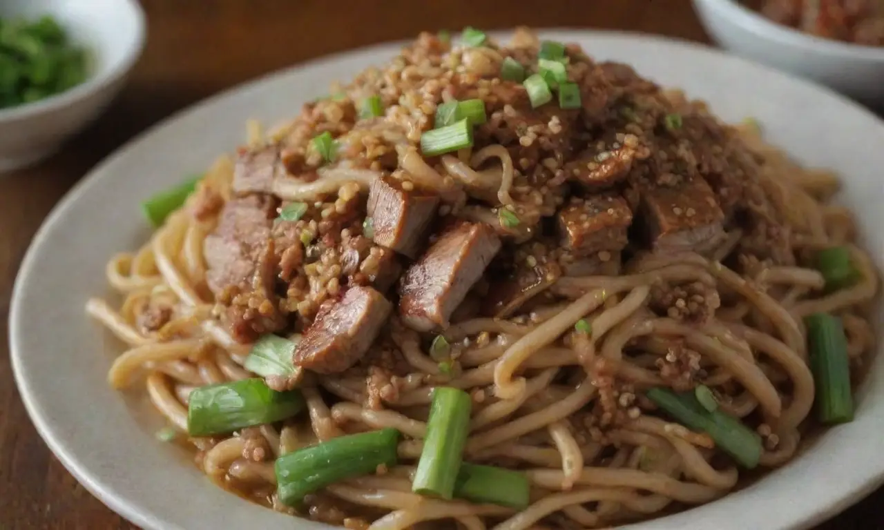 Fideos con verduras, cerdo, salsas y cebollitas