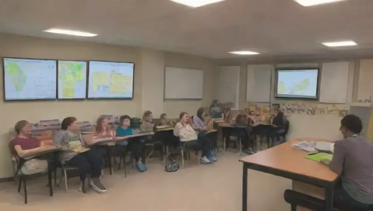Un aula vibrante y colorida llena de estudiantes comprometidos y recursos diversos