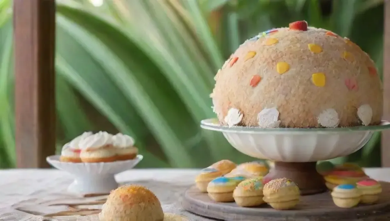 Un árbol de coco vibrante y una mesa rústica decorada con deliciosos postres tropicales crean un ambiente acogedor y soleado