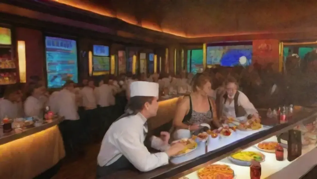Un restaurante vibrante y acogedor, lleno de colores, risas y deliciosa comida