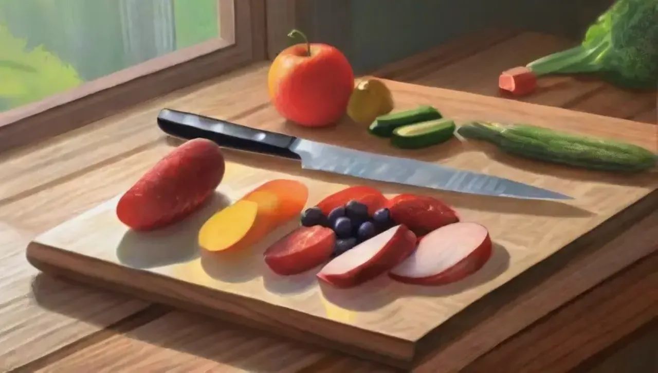 Una cocina vibrante con cuchillos brillantes, frutas y verduras coloridas, y un ambiente rústico