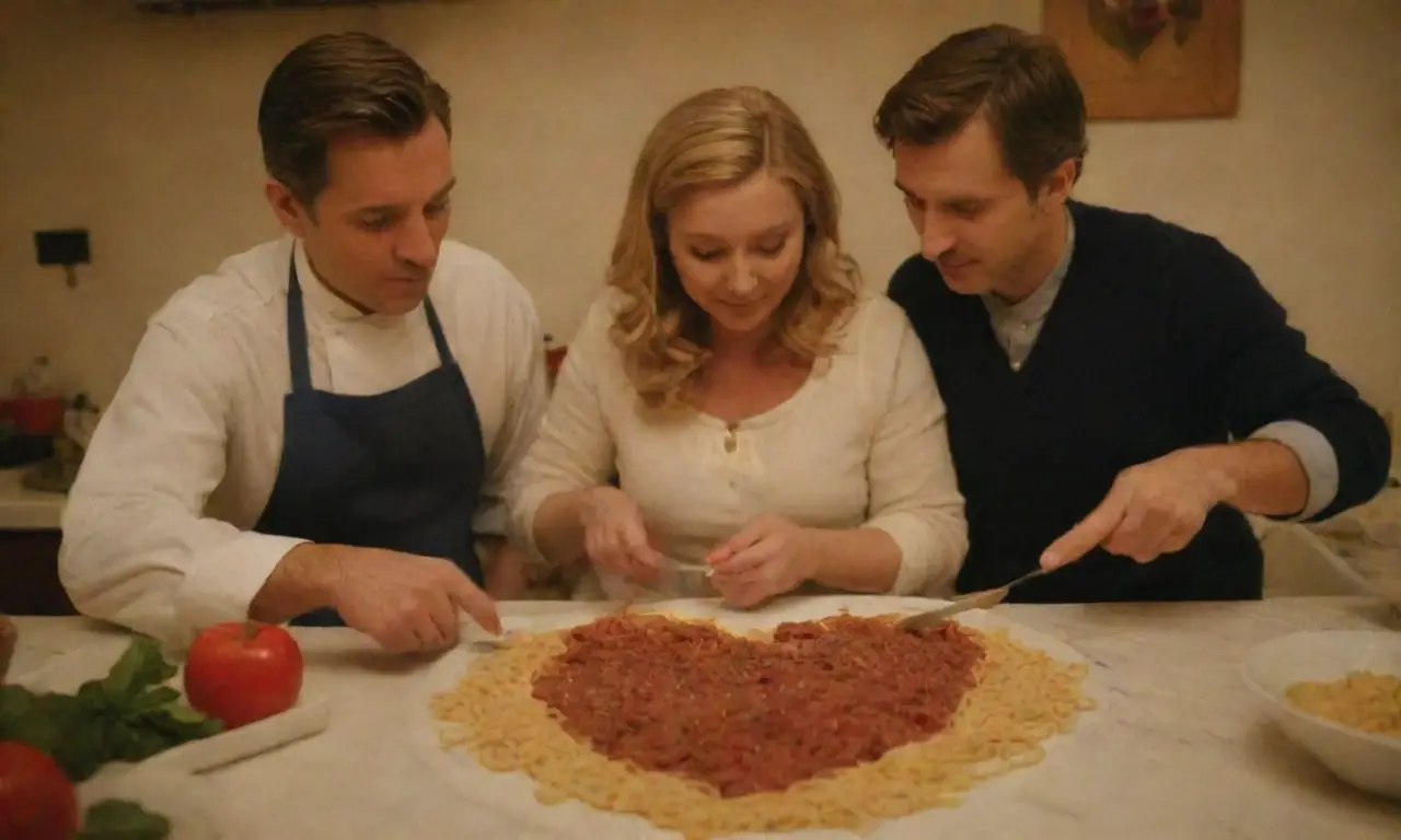 Cocina italiana romántica con pasta en forma de corazón y cenas a la luz de las velas