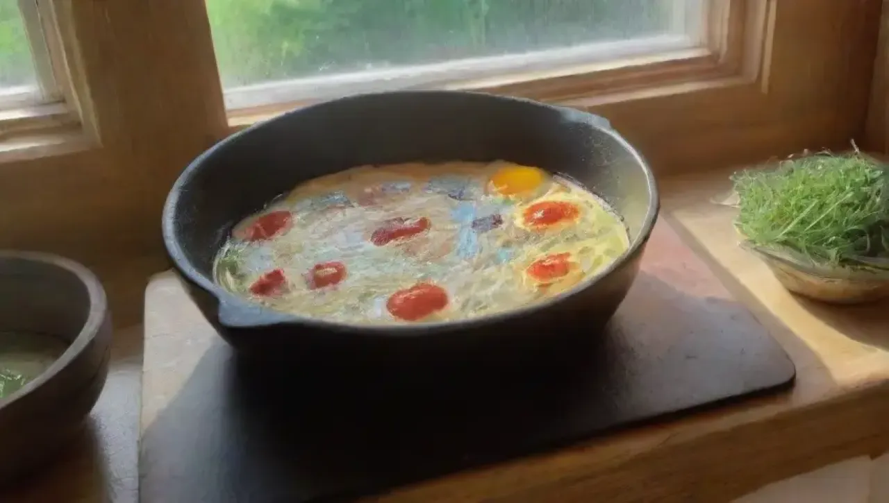 Una cocina rústica llena de luz, aromas y la calidez de una omelet cocinándose