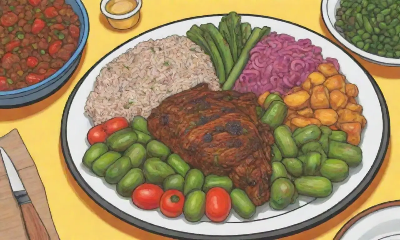 Plato vibrante de comida jamaicana: pollo jerk, arroz con guisantes y vegetales frescos, con recetas fáciles y sabores exquisitos