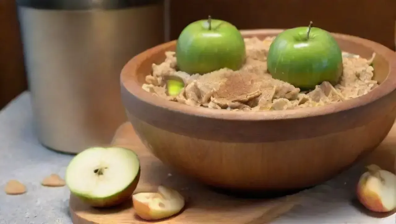 Manzanas verdes brillantes en un tazón de madera, azúcar moreno, canela, mantequilla y una tarta de manzana con helado de vainilla