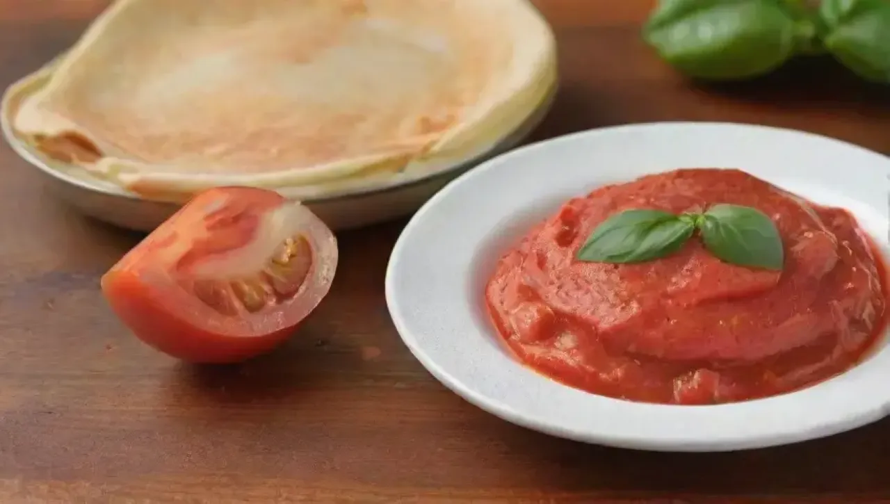 Salsa de tomate roja vibrante con albahaca, omelet dorado, tomates cherry y un ambiente acogedor en la cocina