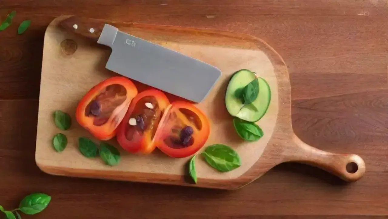 Un cuchillo de cocina elegante sobre una tabla de madera con verduras frescas y colores vibrantes