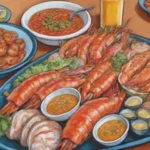 Colores vibrantes y deliciosos platos asiáticos de mariscos especiados