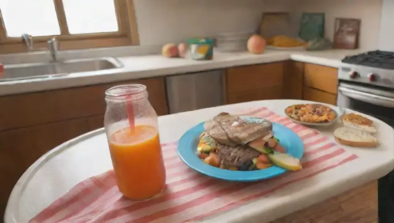 Una cocina vibrante llena de alimentos saludables y tentaciones, con una familia riendo y preocupaciones sobre la salud