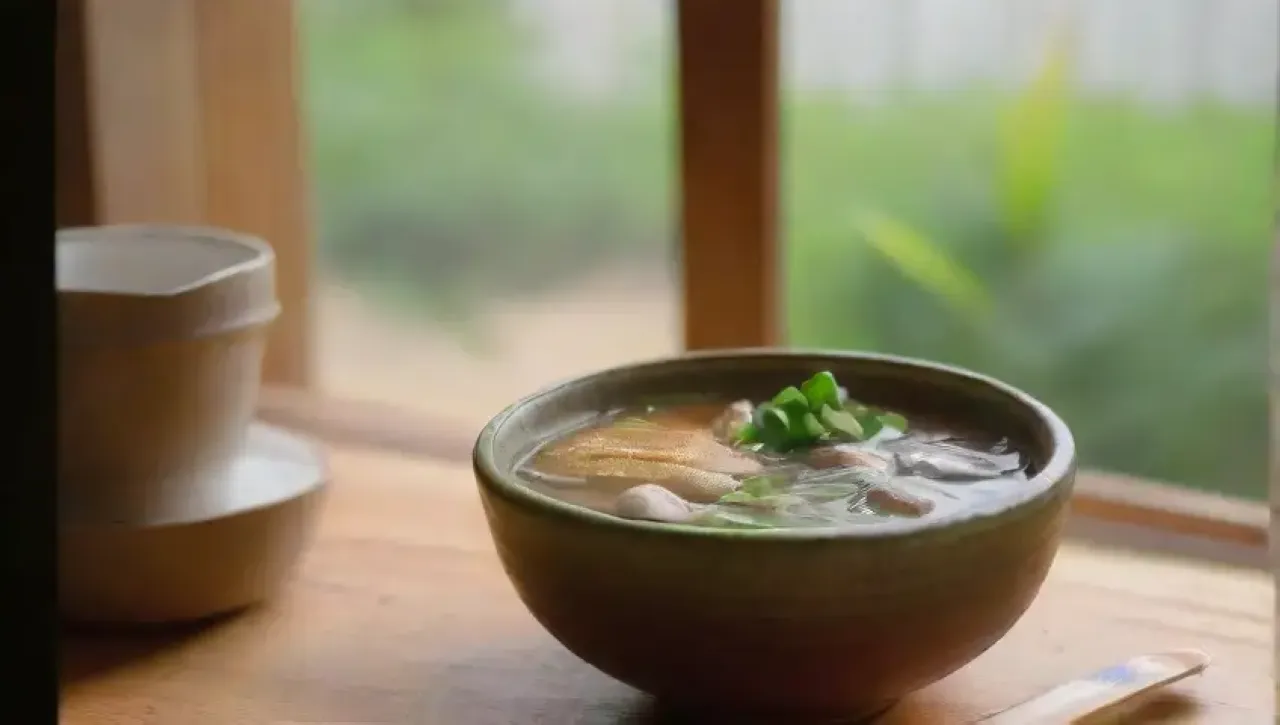 Un tazón de sopa de miso humeante con tofu, shiitake y cebollín en un ambiente acogedor