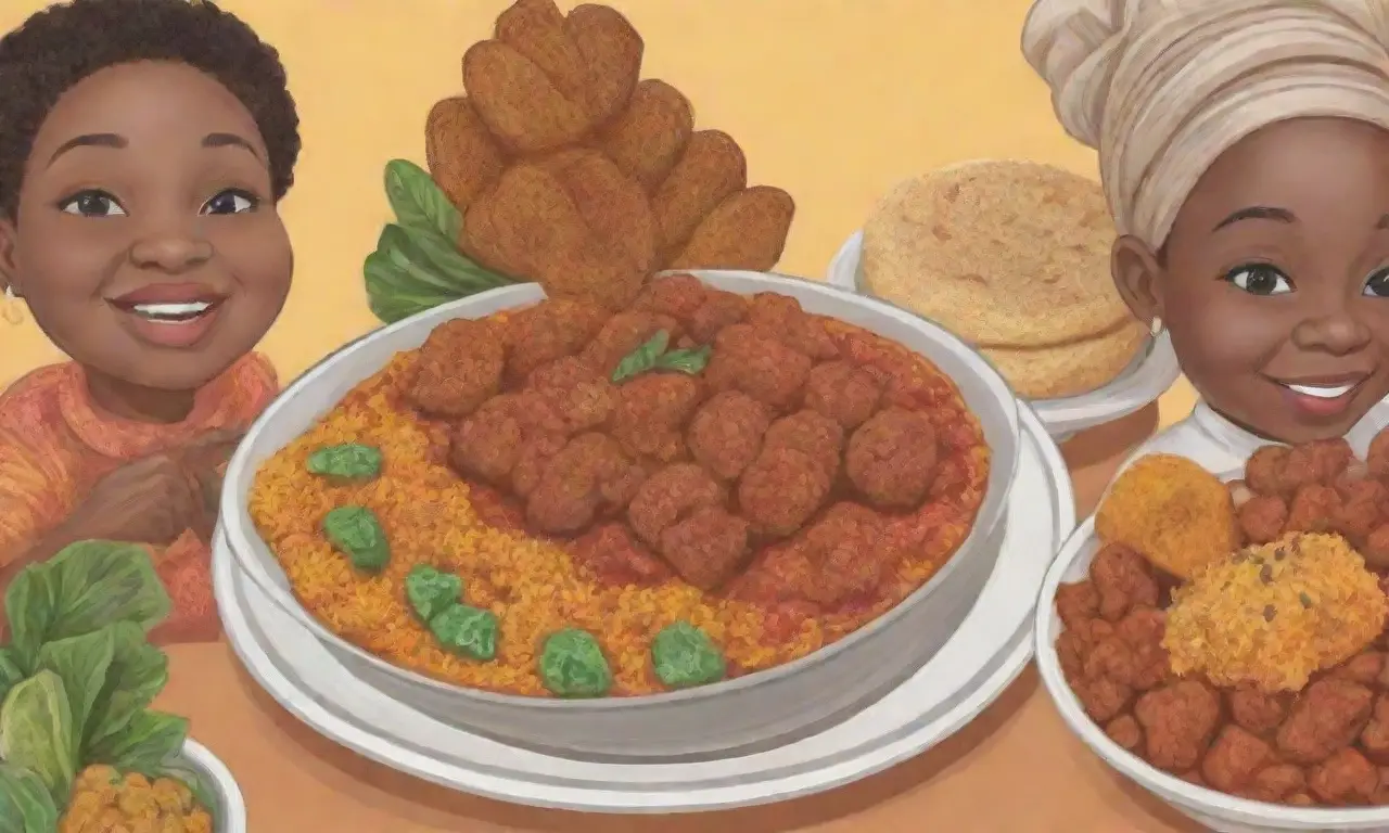 Menú nigeriano colorido y festivo con jollof rice