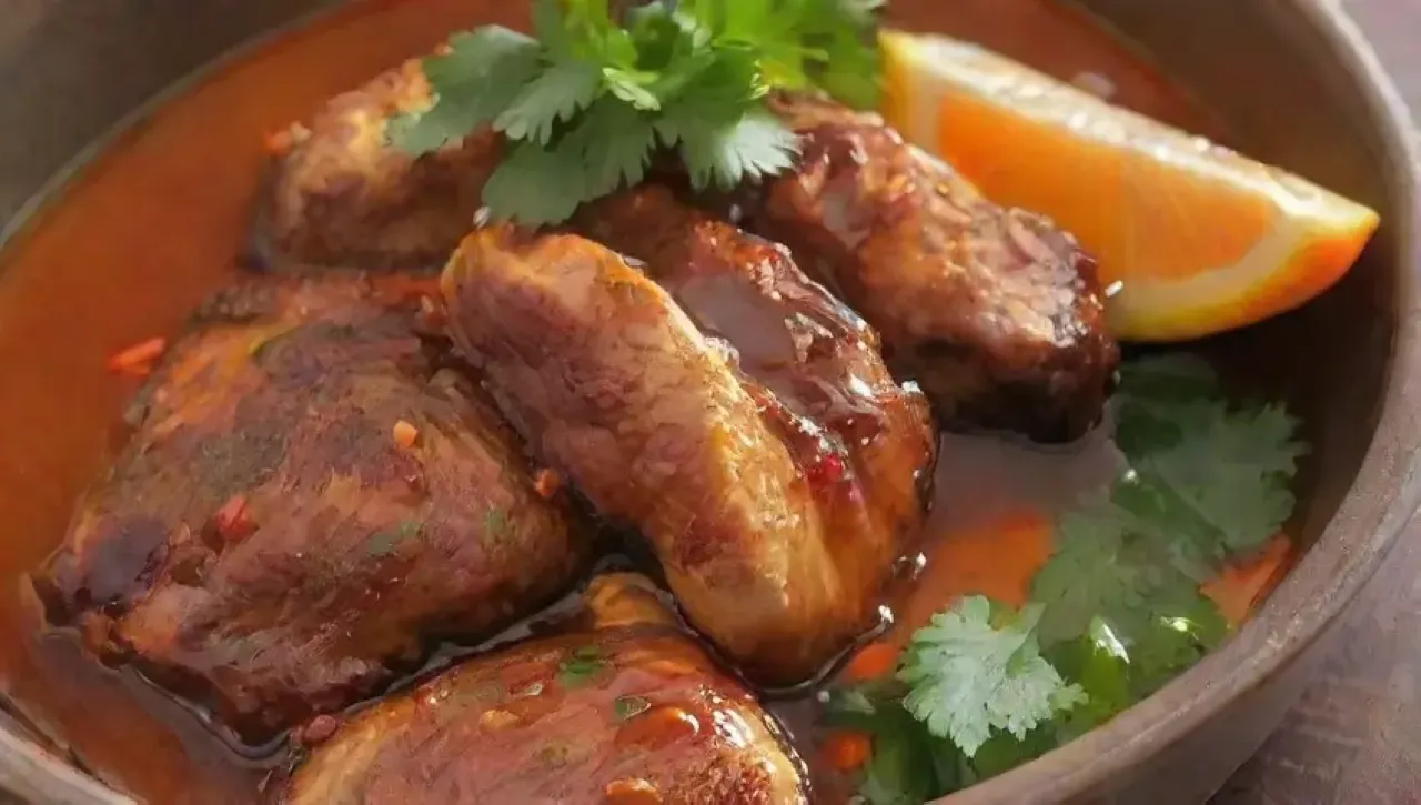 Pollo naranja vibrante en salsa brillante, con cilantro fresco, rodajas de naranja, y un ambiente cálido de cocina