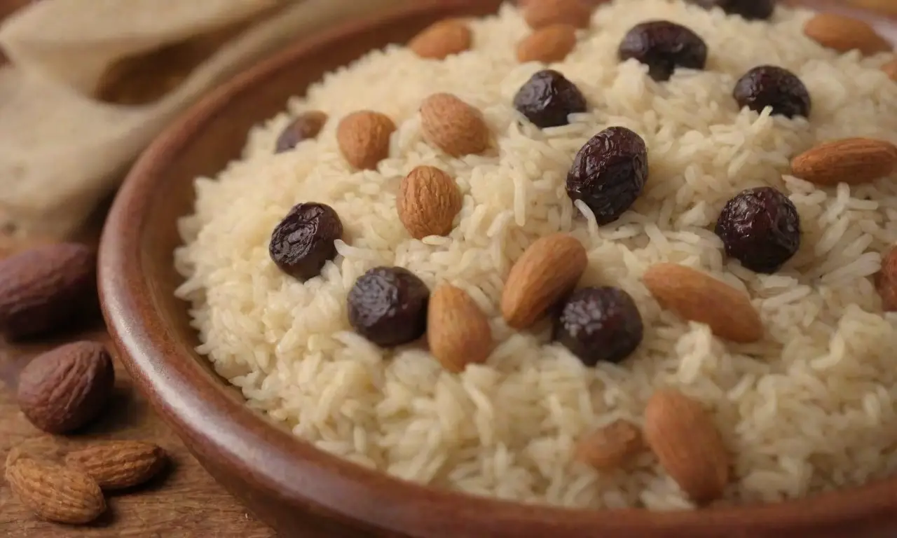 Ingredientes clave del pilaf armenio: arroz fragante, pasas, almendras y especias