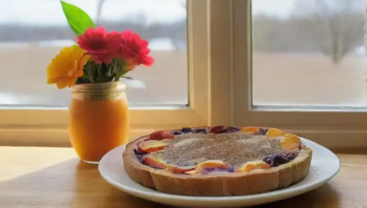 Una cocina iluminada por la mañana ofrece un festín saludable con frutas, tostadas, té, batido, huevos revueltos y yogur