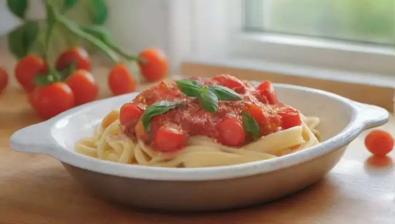 Cocina luminosa con pasta humeante, ingredientes frescos y un ambiente acogedor