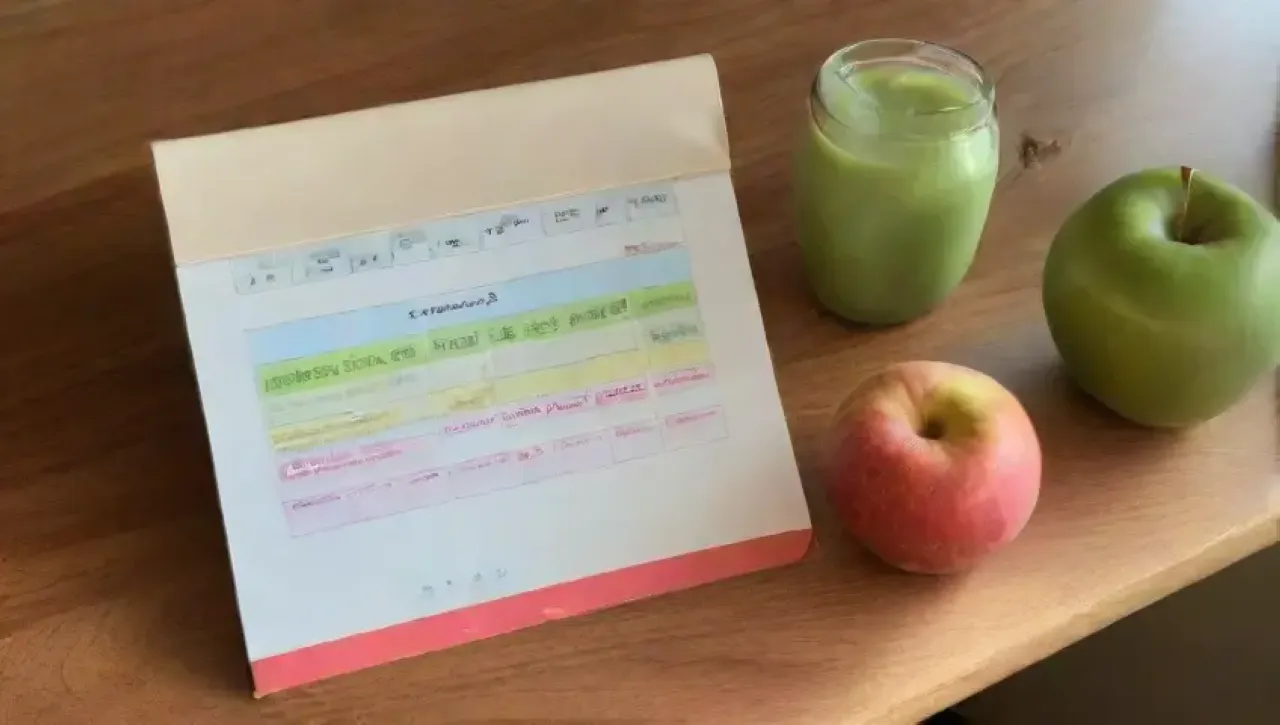 Una cocina acogedora llena de vitaminas, frutas, notas de nutrición y motivación para un estilo de vida saludable