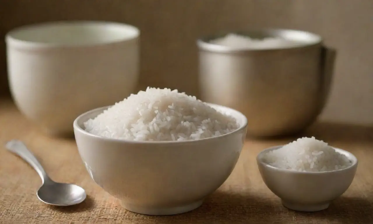 Arroz jazmín, agua, taza medidora, olla, tapa, tenedor y plato