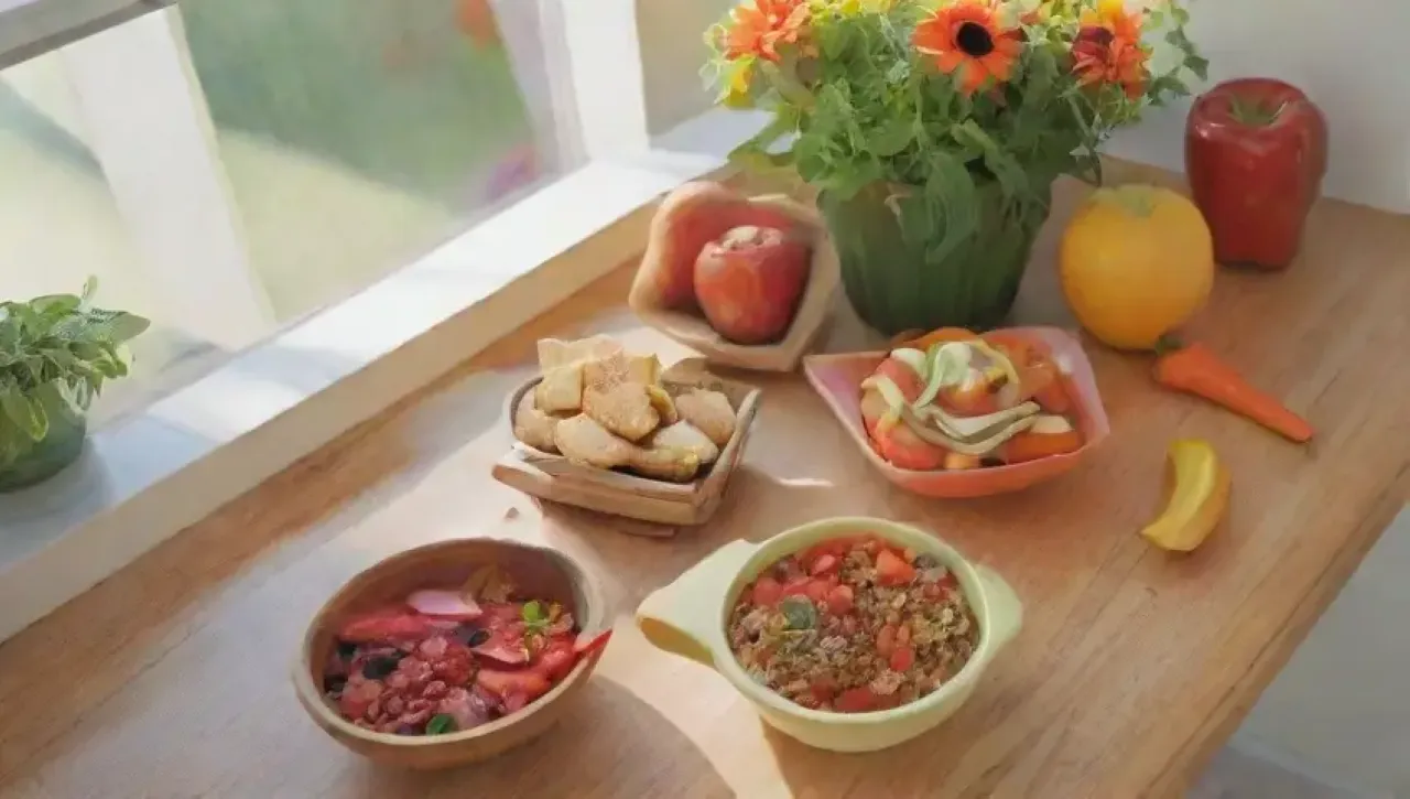 Una mesa colorida y alegre llena de frutas, verduras y snacks saludables