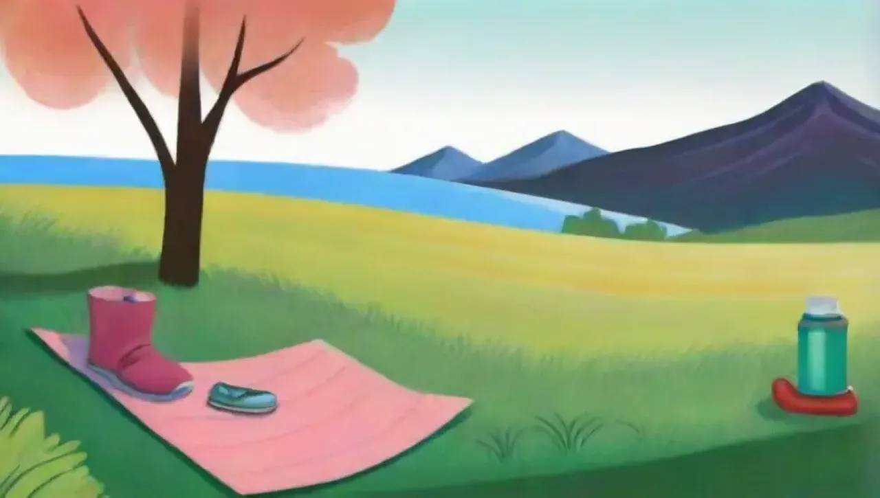 Un paisaje sereno con una persona estirándose, luz suave, naturaleza y un ambiente propicio para la autodescubrimiento