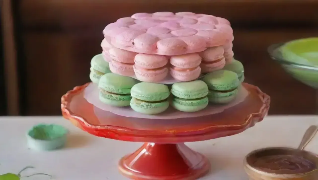 Macarons coloridos y elegantes en una mesa rústica, rodeados de utensilios de cocina y luz suave