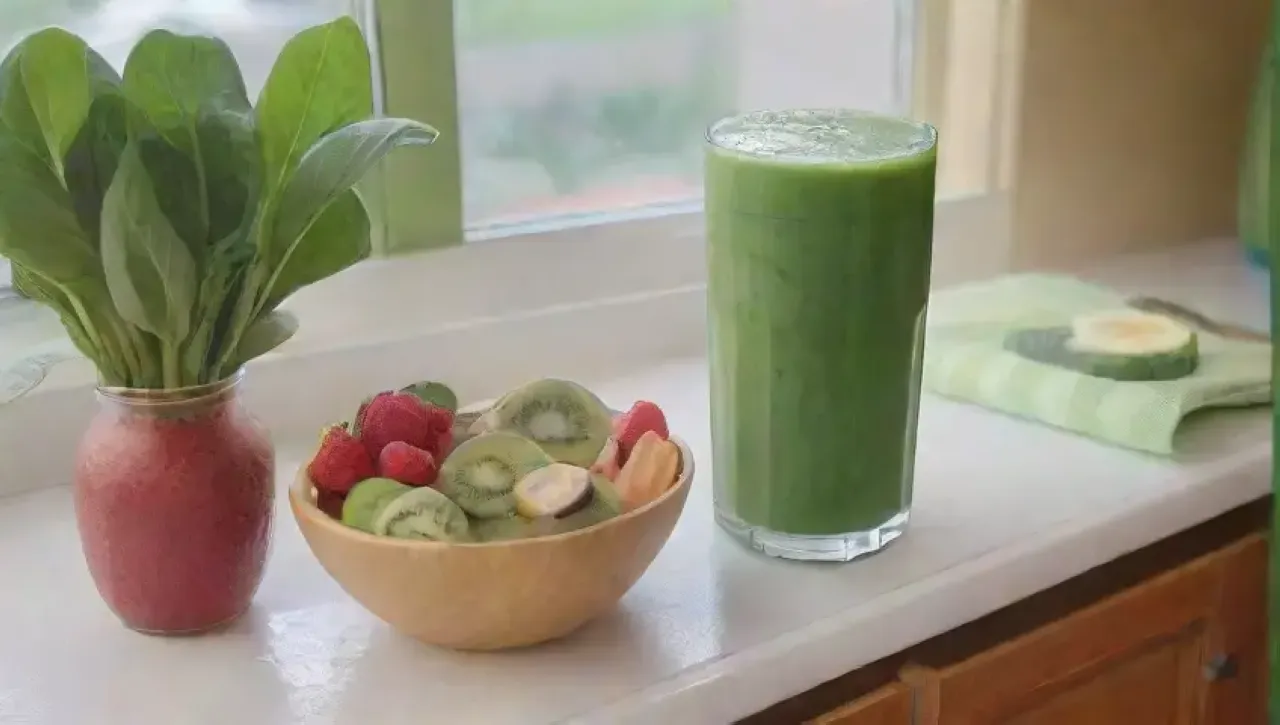 Cocina luminosa y colorida con frutas frescas, batidora, smoothie cremoso y un ambiente acogedor
