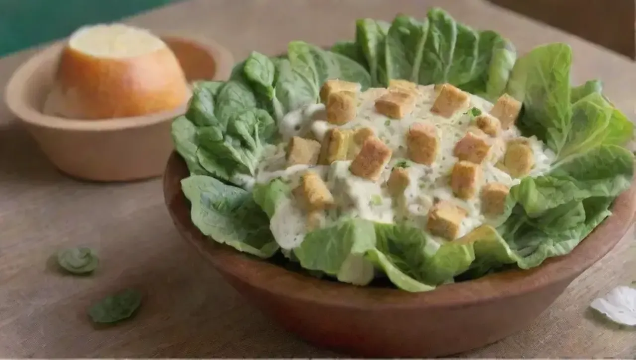 Una ensalada César fresca y vibrante en un acogedor ambiente familiar