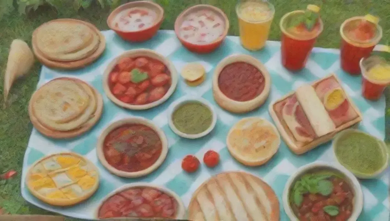 Un picnic colorido en un parque soleado con amigos, comida deliciosa y risas