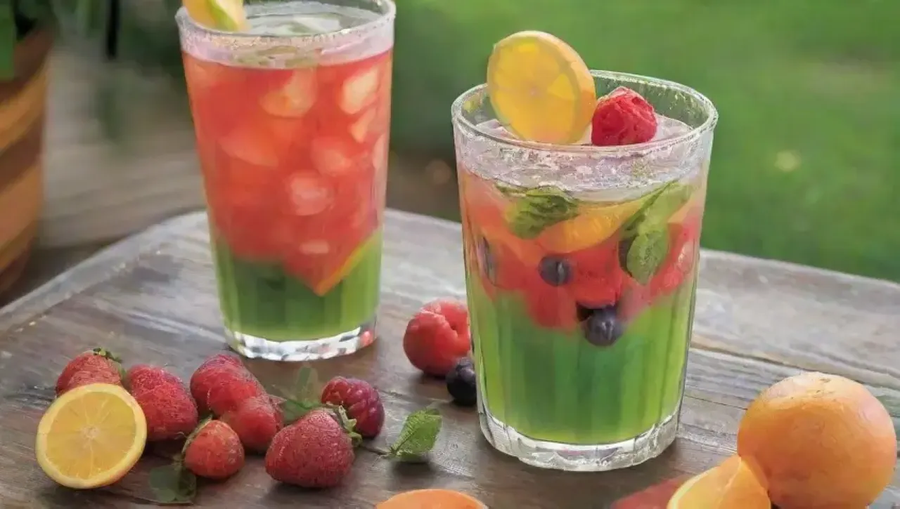 Una refrescante bebida de frutas y hierbas en un elegante ambiente natural