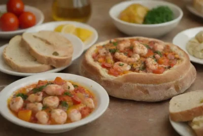 Sabores mediterráneos con azulejos coloridos y ingredientes frescos