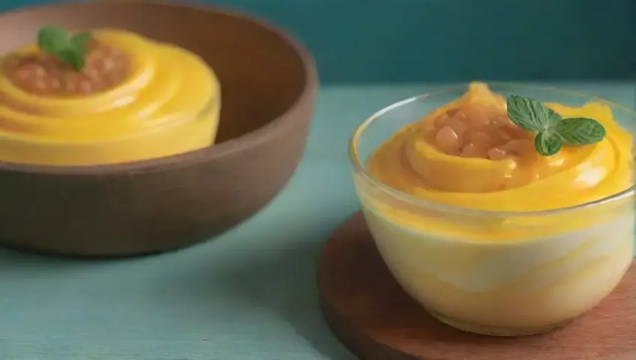 Postre de mousse de maracuyá con crema batida, semillas y menta en un elegante plato