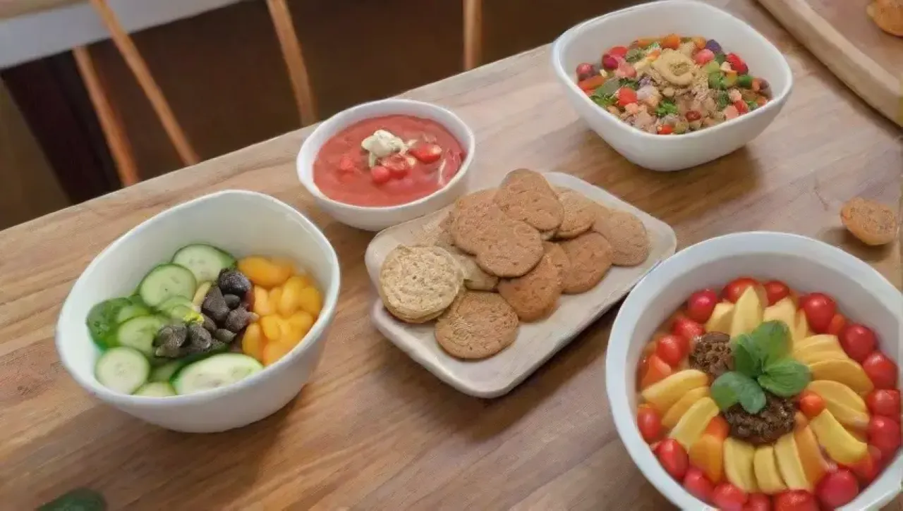 Una mesa colorida y acogedora llena de frutas, verduras y snacks saludables, con risas y sonrisas familiares