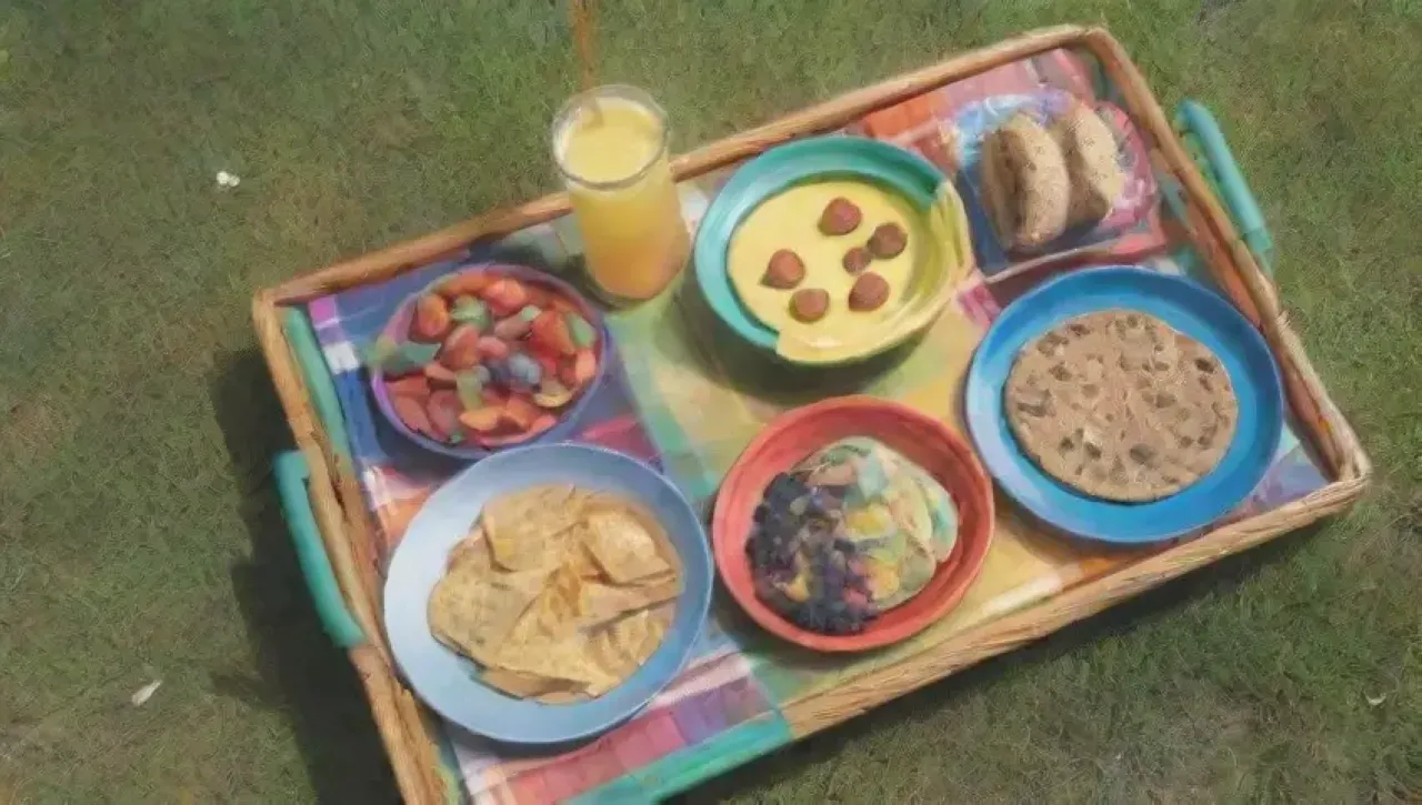 Un picnic vibrante con comida colorida, risas y un ambiente alegre