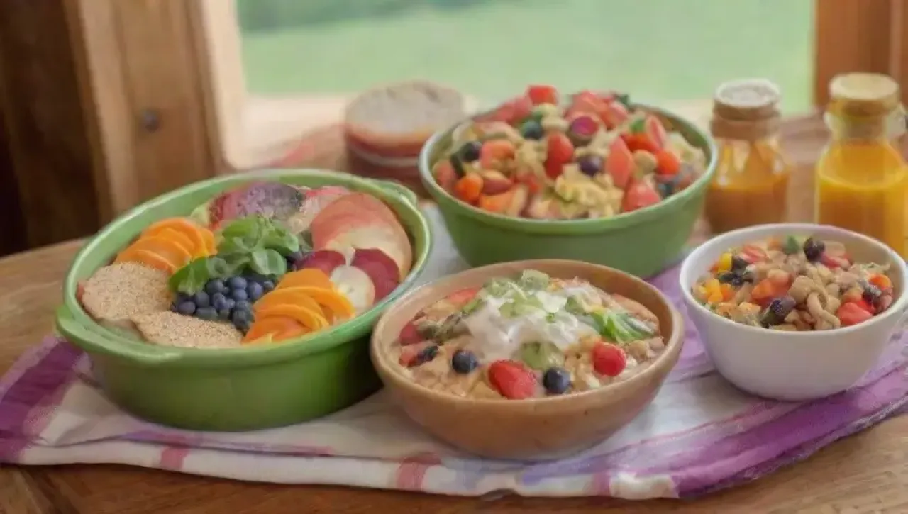 Una cocina alegre y colorida llena de alimentos saludables y familia